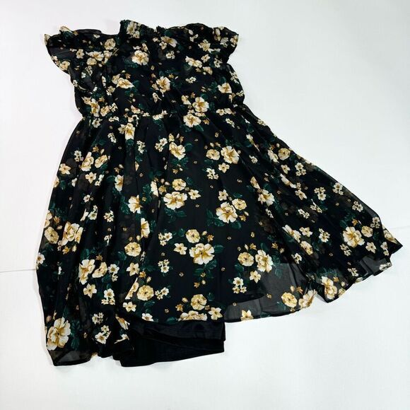Torrid Dress Womens 2X Black Floral Chiffon Smocked Blouson Flutter Sleeve new - Picture 1 of 11